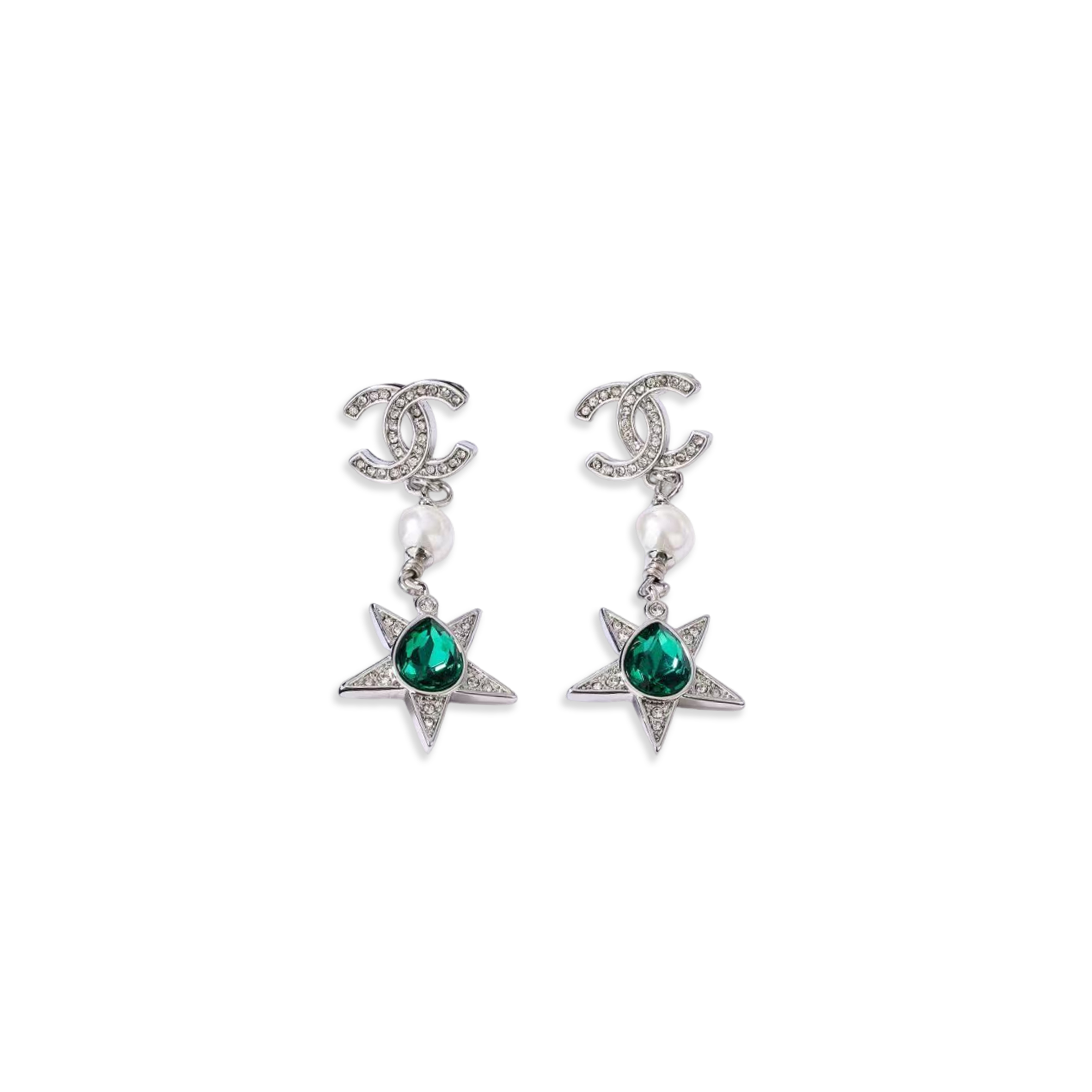 CHANEL GREEN DIAMANTE STAR CC DROP EARRINGS ABA380